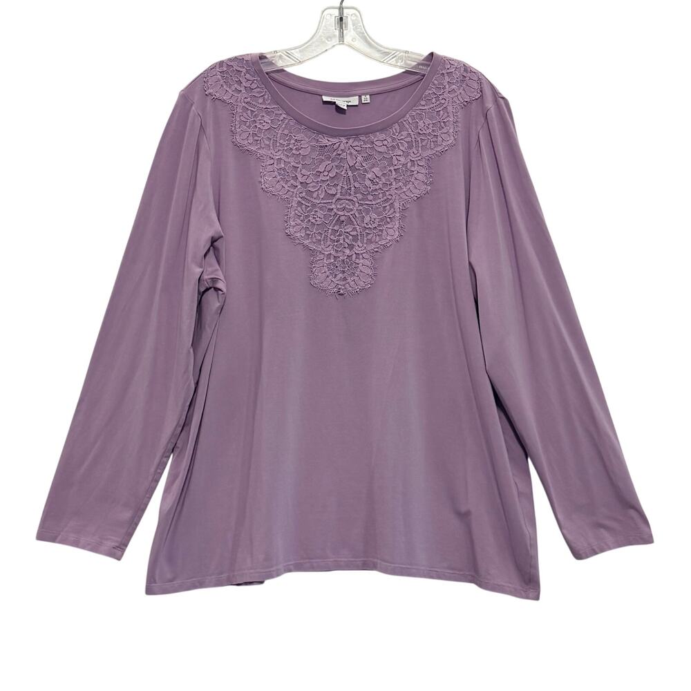 Chicos Long Sleeve Embroidered Lace Yoke Jersey Knit Top Lavender Womens 4 XXL
